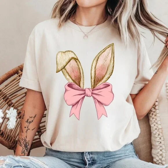 Coquette Bow Bunny Ears Shirt, Cute Bunny Tee - Picture 1 of 4
